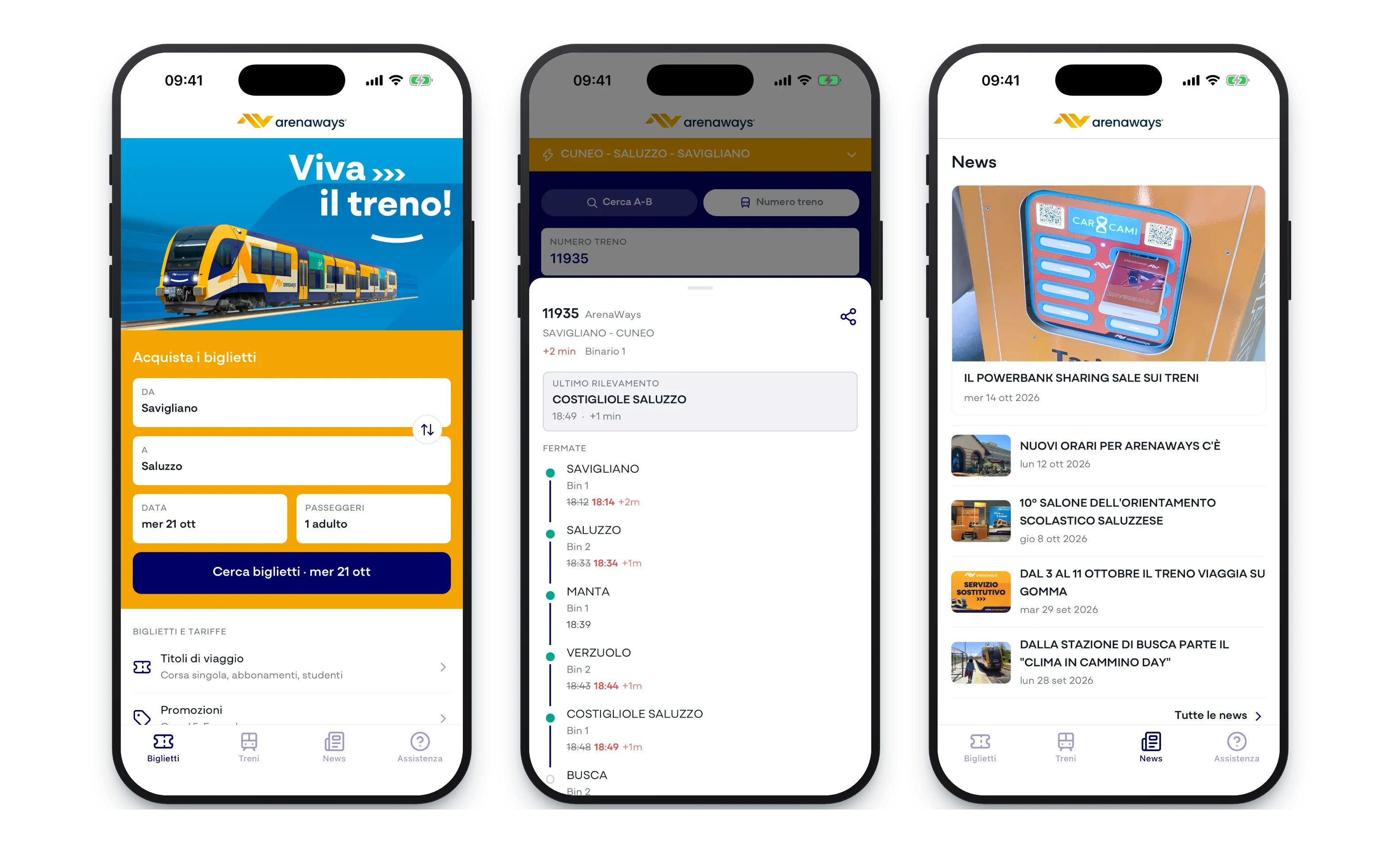 Three screens of the Arenaways app on iPhone: ticket search, train 11935 live with its stops, and news