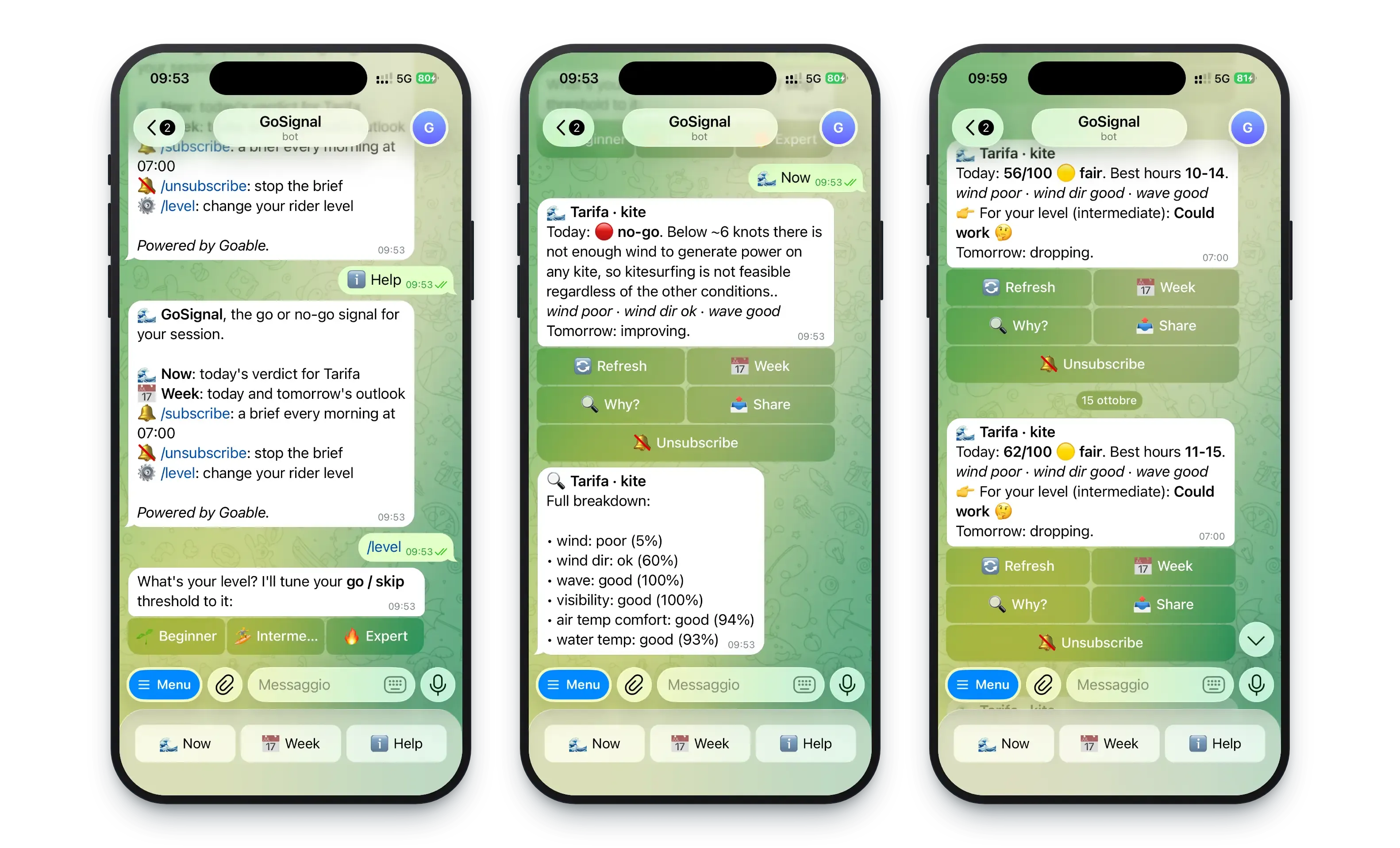 Three screens of the GoSignal Telegram bot on iPhone: the command list and rider level picker, today's no-go verdict for Tarifa with its full breakdown, and two 7:00 morning briefs with their scores