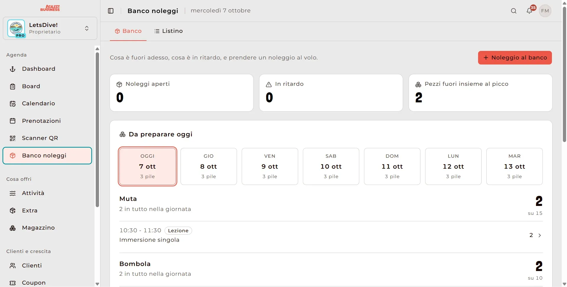 Banco noleggi di Sealect: noleggi aperti e attrezzatura da preparare