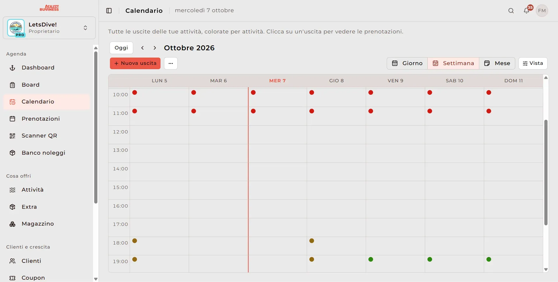 Calendario settimanale delle uscite nel gestionale Sealect